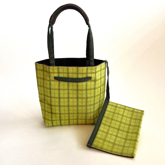 MIU MIU Green Plaid Pony Hair Leather Mini Tote Bag with Coin Card Holder - Picture 2 of 15